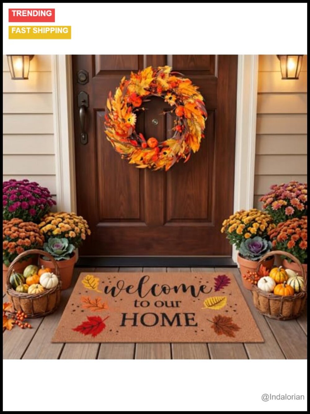 Fall Welcome Doormat & Wreath Set Front Door Autumn Decor 2 Pc
